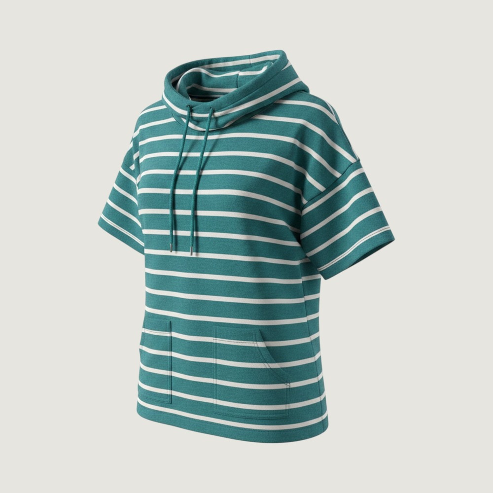 T by Talbots Cowl Neck Short Sleeve Striped Sweatshirt Teal White Petite Large